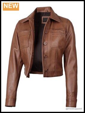 Cropped Real Lambskin Leather Jacket Women Zip Front Moto Style